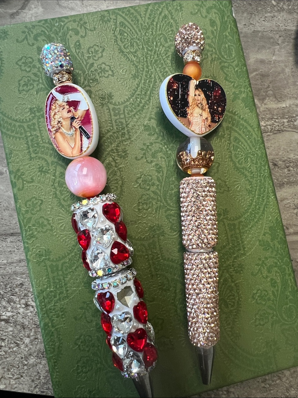 2x Madonna pens Red Crystal Heart Bead Ballpoint Pen gold crown new